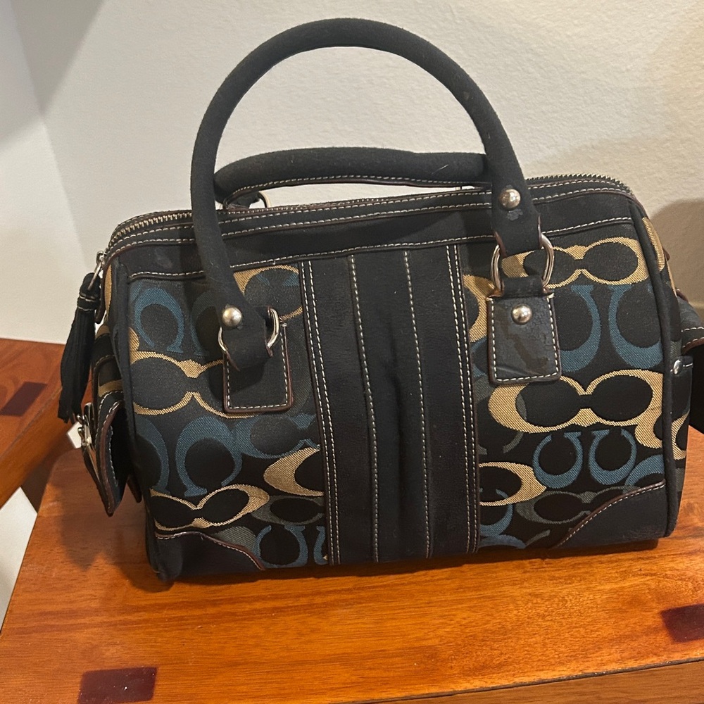 Coach Satchel in Black, Blue & Tan Signature Print - Picture 3 of 6
